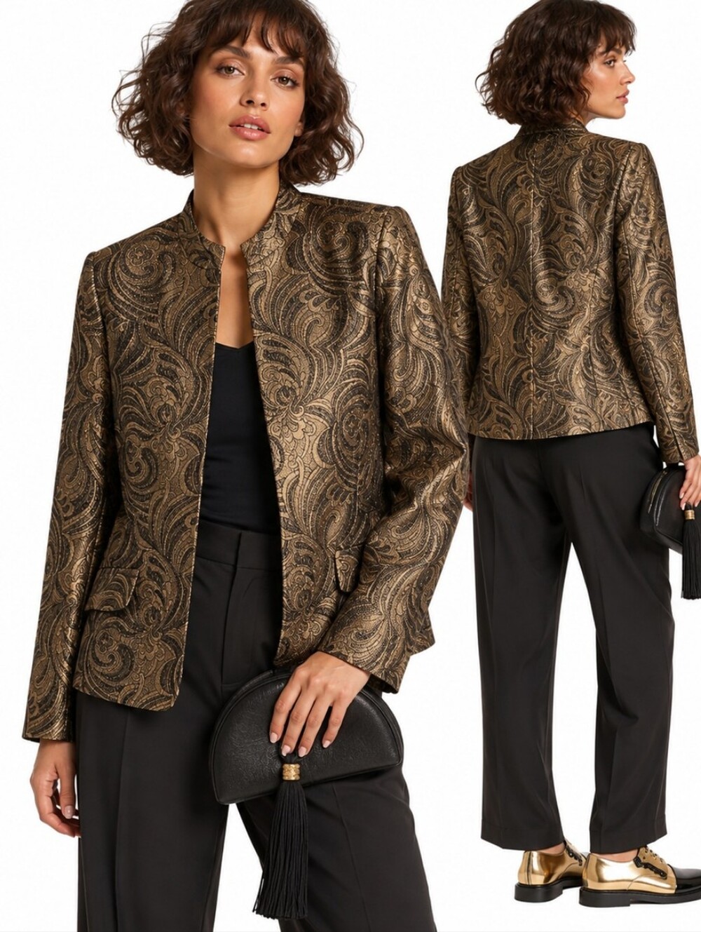 Kasper Gold & Black Paisley Brocade Blazer Jacket Women's 12 Petite XL